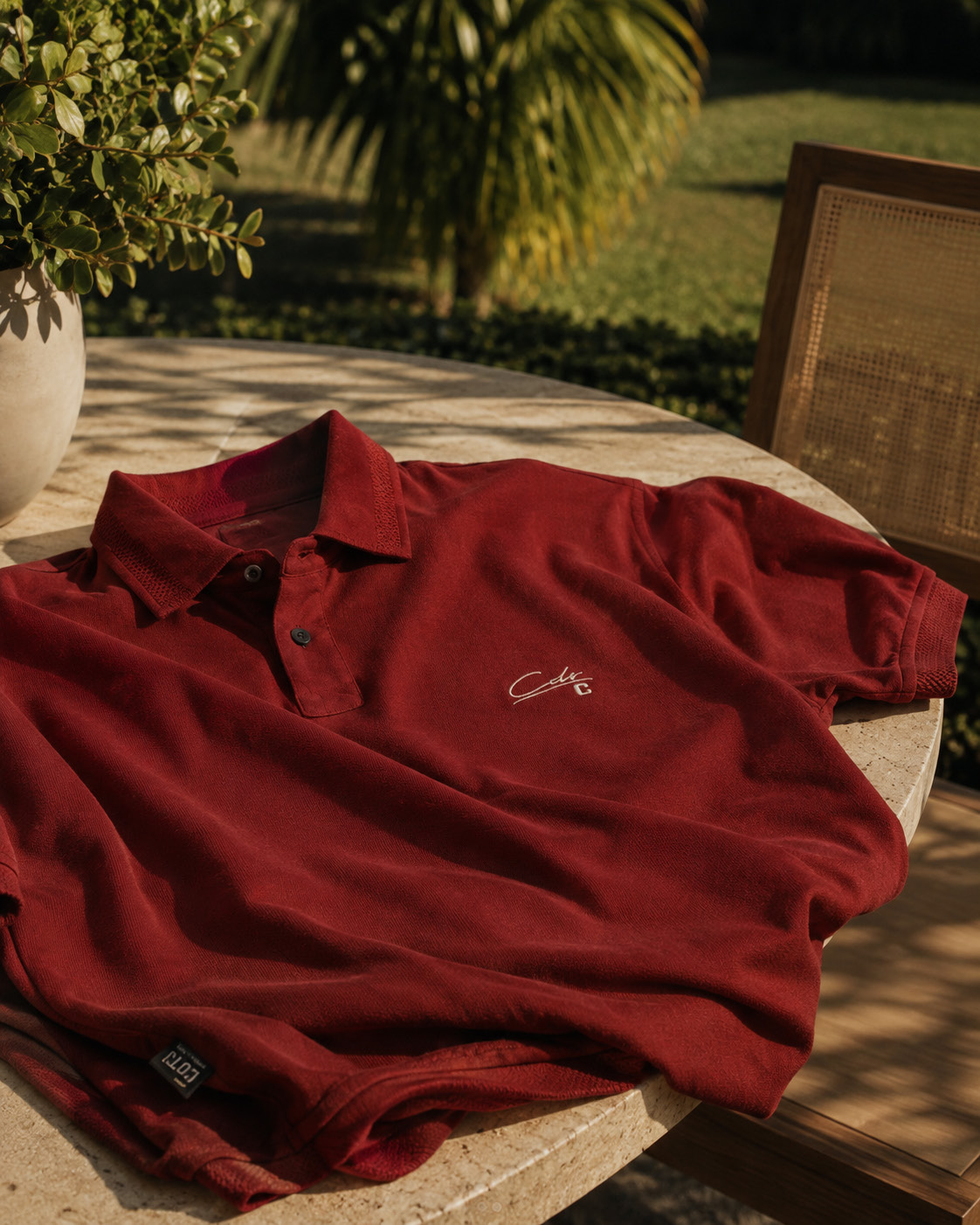 Polo rojo Juan Cuadrado sobre una mesa al aire libre